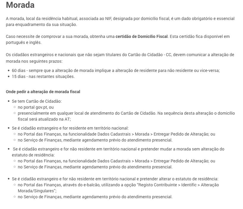 Official AT Morada guidance separating Citizen Card, ordinary address changes and e-balcão residence-status changes