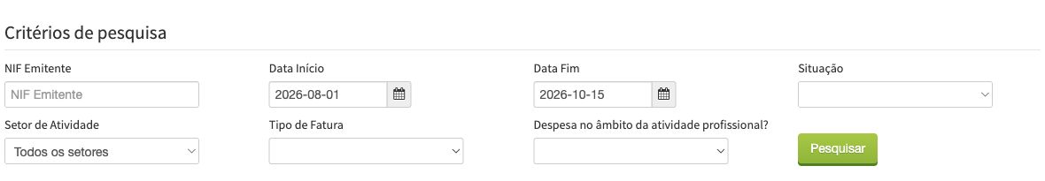 e-Fatura invoice search criteria: dates, status, activity sector and professional-expense filter