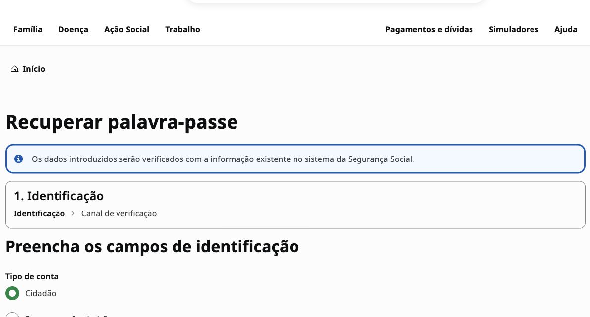 Official Social Security password-recovery page showing the identification step and Cidadão account choice